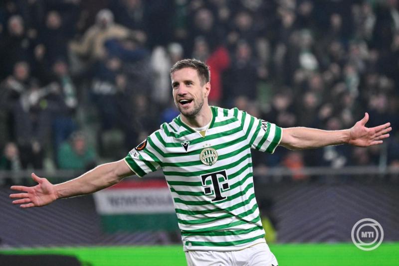 A gólszerző Varga Barnabás, a Ferencváros játékosa a labdarúgó Európa-liga alapszakaszának 6. fordulójában játszott Ferencvárosi TC - Glasgow Rangers mérkőzésen a Groupama Arénában 2025. december 11-én. MTI/Vasvári Tamás